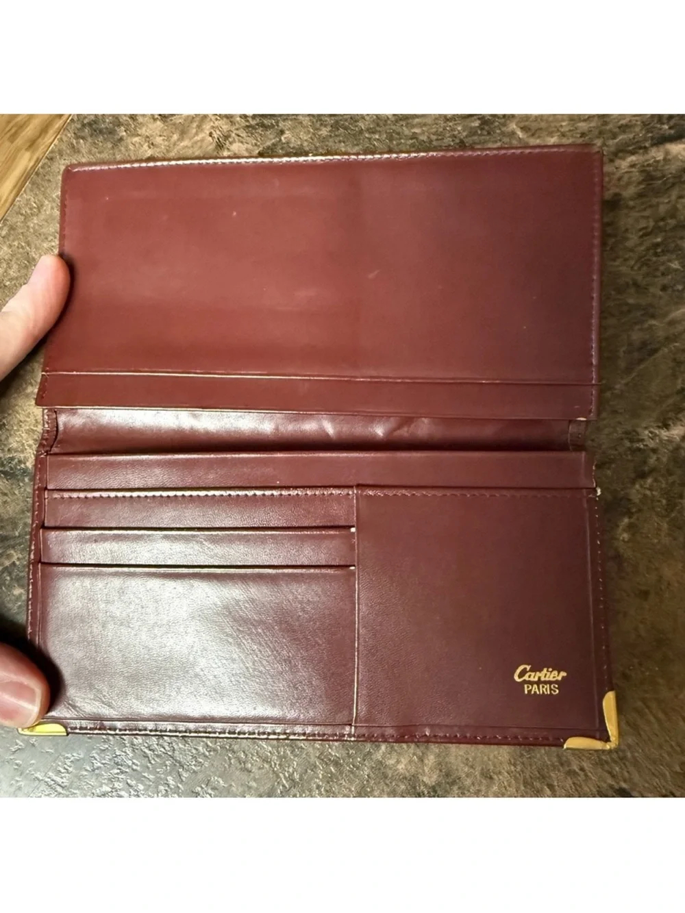 Cartier Burgundy Leather Long Wallet with Gold Corners